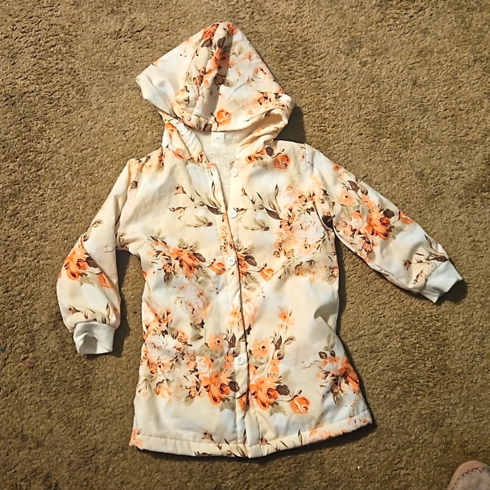 SHEIN Cream Pink Floral Print Hooded Jacket